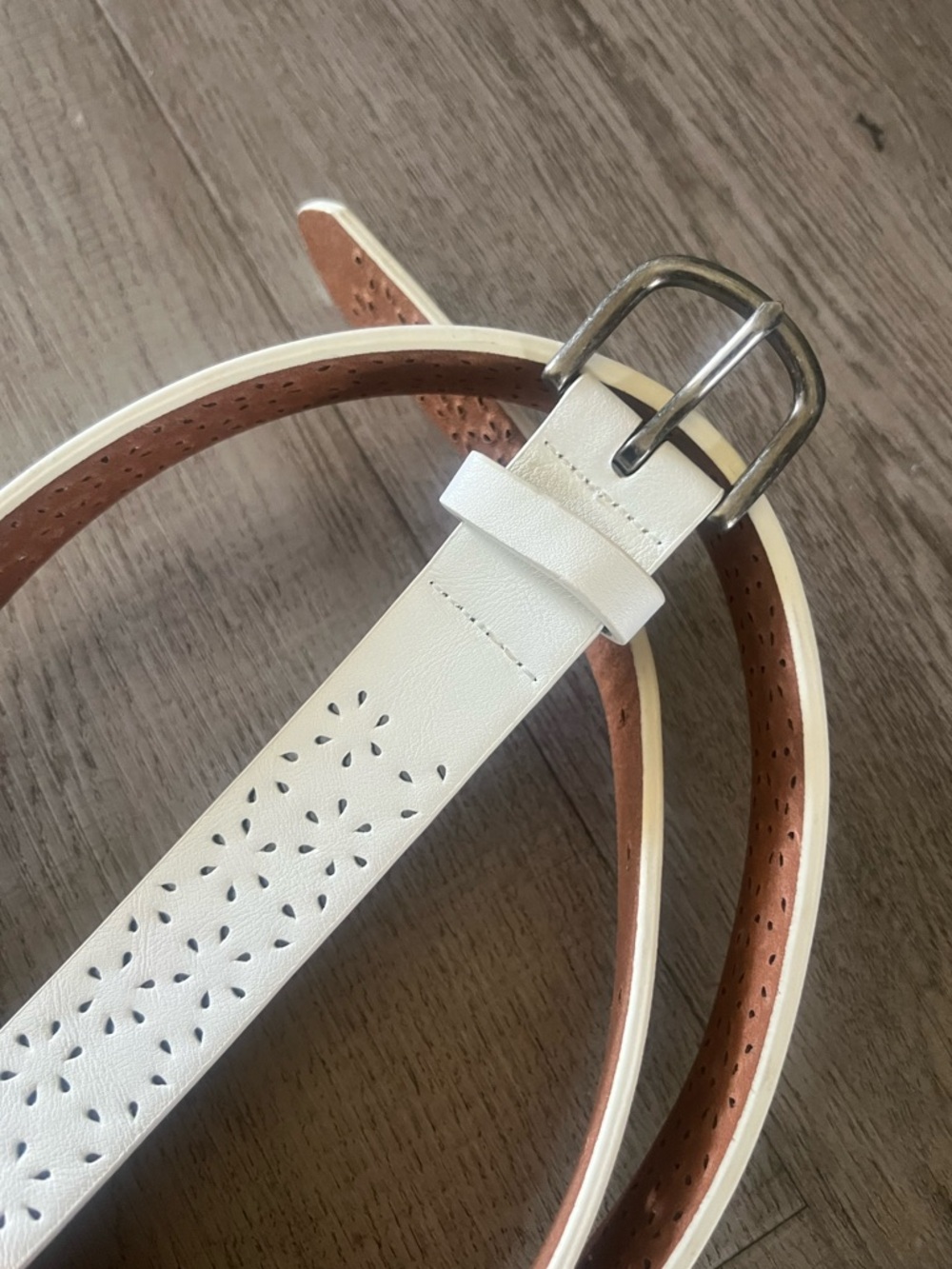Vintage Genuine White Perforated Leather Belt with Brown Lining XL